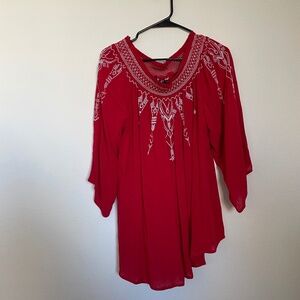 Terre Bleue Blouse Women's LG Red Embroidered Neck Boho Festival Flowy Long